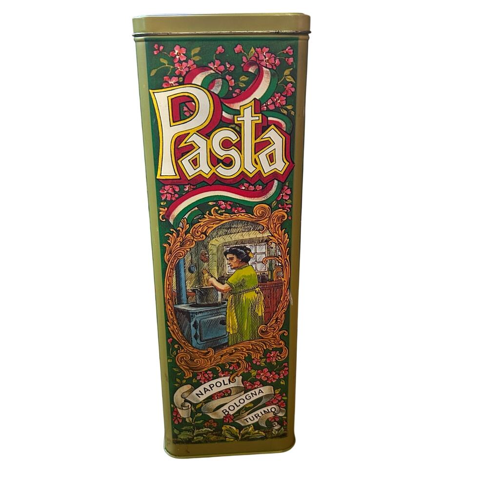 Vintage Casa Via Variccio metal pasta storage tin, made in England